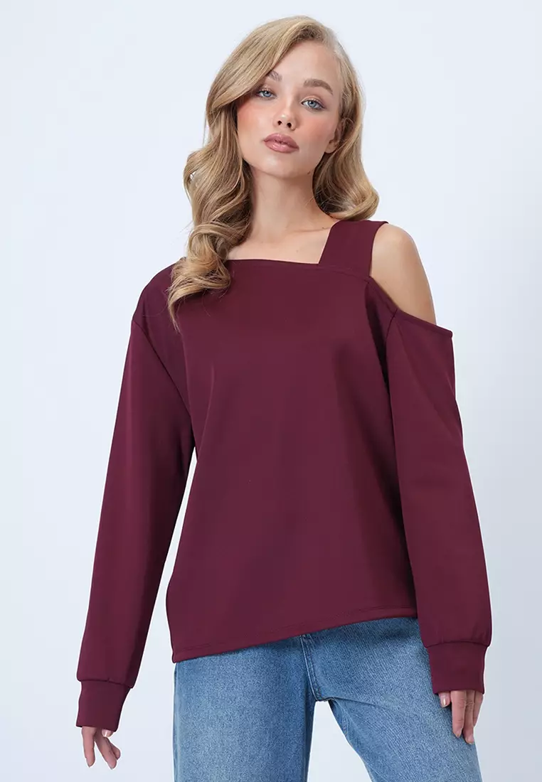 Asymmetric Cut Shoulder Band Detailed Knitted Blouse Alc-X14574