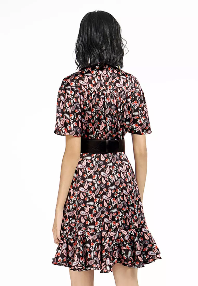 Printed Belted Dress With Tied Neck