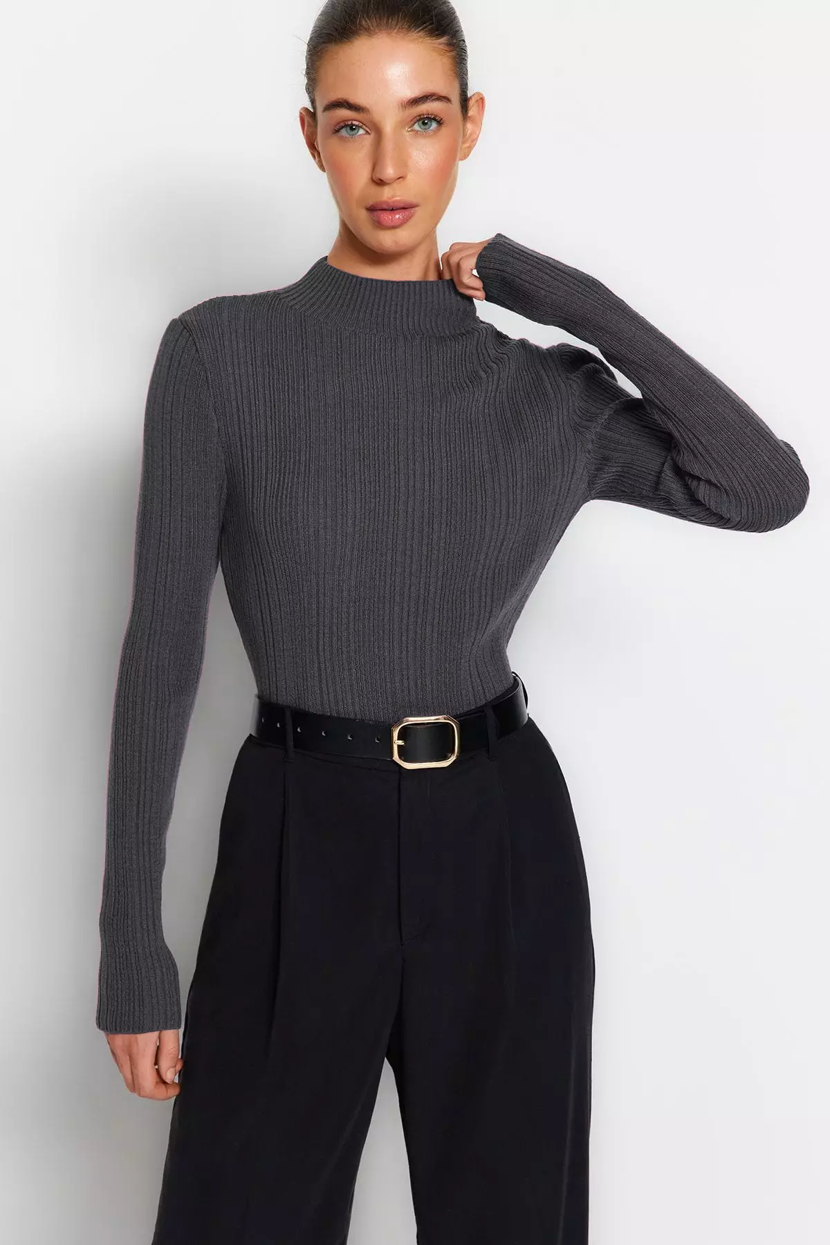 Stand Collar Anthracite Knitwear Sweater