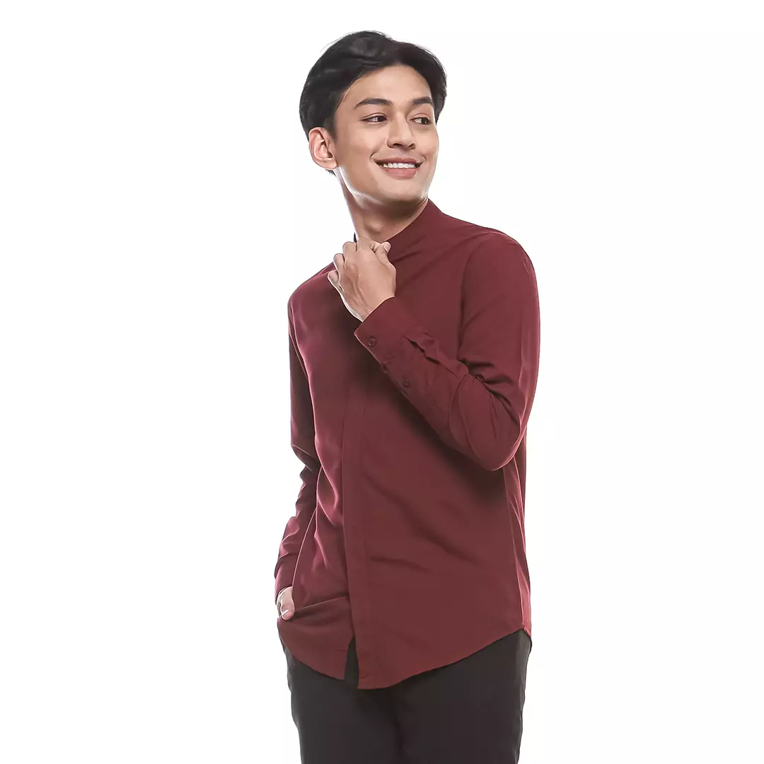 OXCON Kemeja Koko Pria Lengan Panjang Polos Fitra Maroon