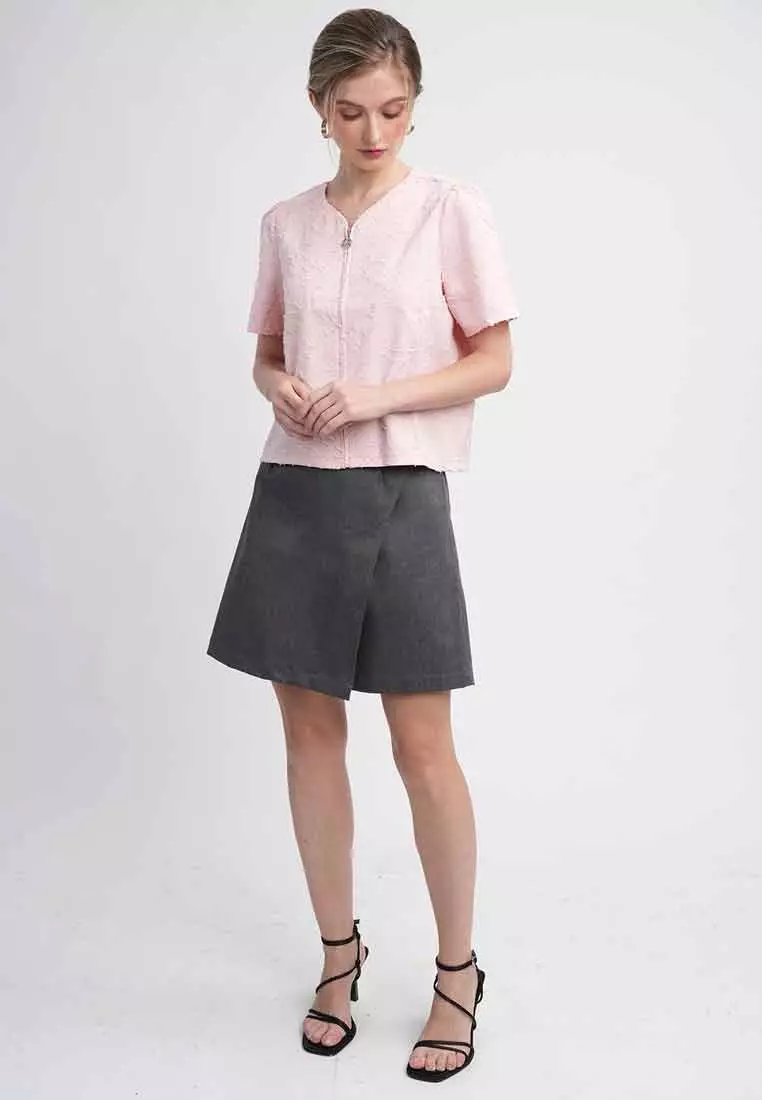 Sola Textured Zip-Front Blouse with Puff Sleeves