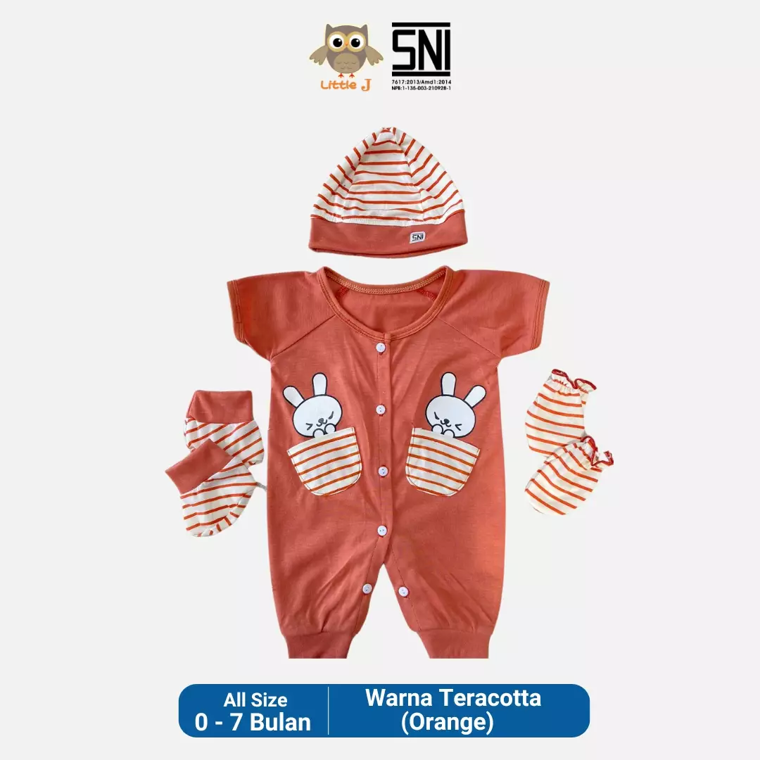 Little J - Bunny Jumpsuit -Romper Set Baby 4 in 1 Bayi Laki laki Bayi Perempuan ( Sarung tangan,Sarung Kaki,Topi,Baju)
