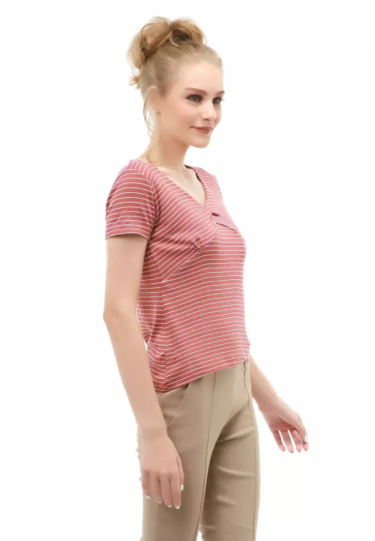 Genevie Blouse Kasual Wanita Lengan Pendek Model Salur Variasi Kerut Tengah Material Cotton ORIGINAL - Bata