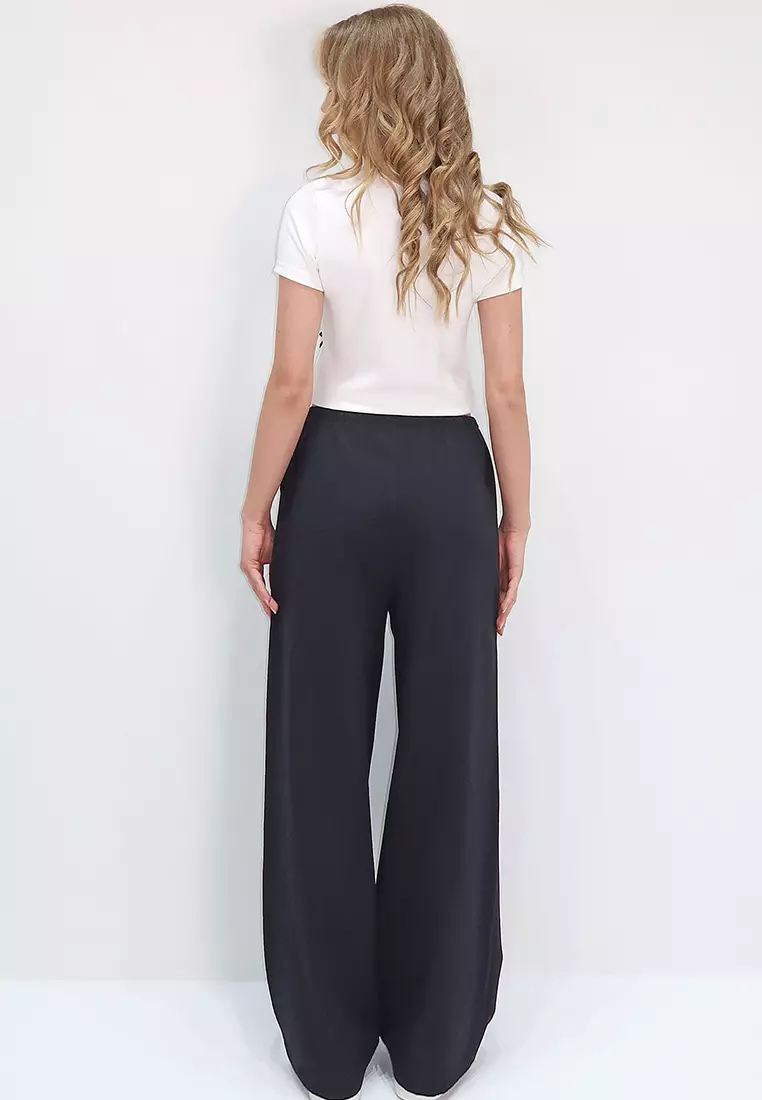 Women's Black Double Pocket Elastic Waist Linen Wide Leg Trousers Alc-X13768
