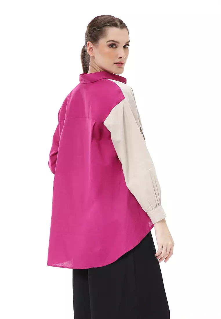 Brielle Atasan Wanita Kemeja Lengan Panjang Model Dua Warna Shirt Two Tone Material Cotton ORIGINAL - Beige Fuschia