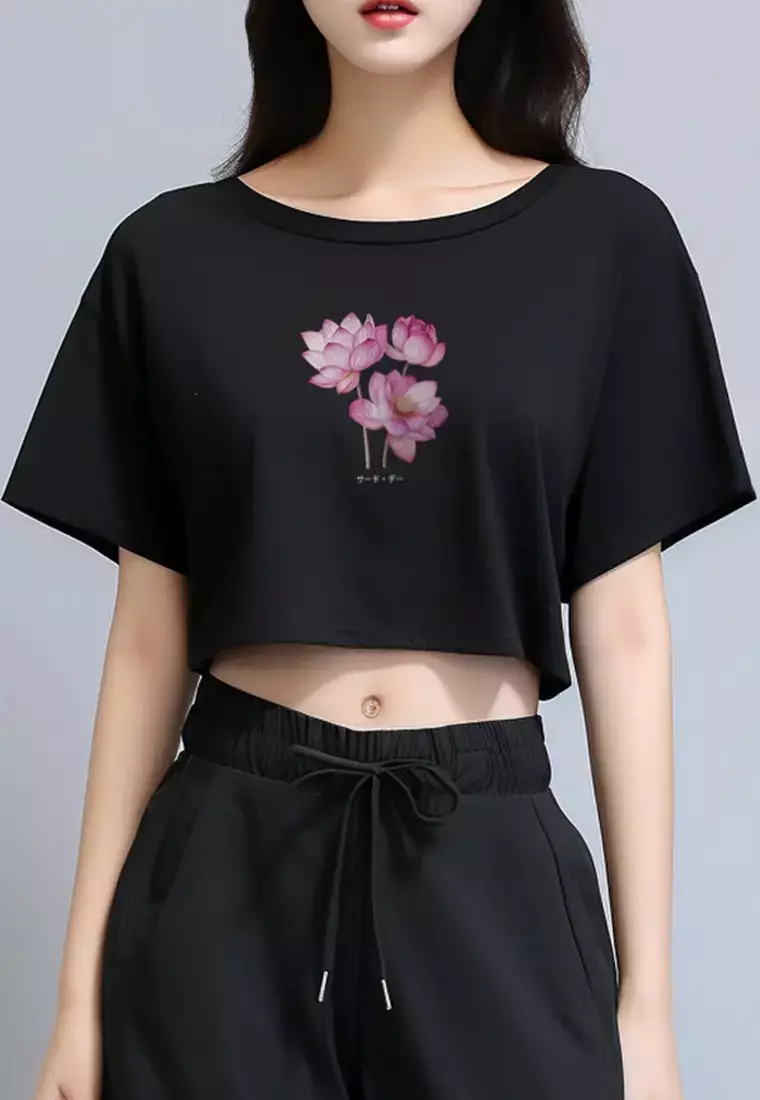 LTG47 Kaos Wanita Gambar Bunga Lotus OLC Crop Oversize Hitam