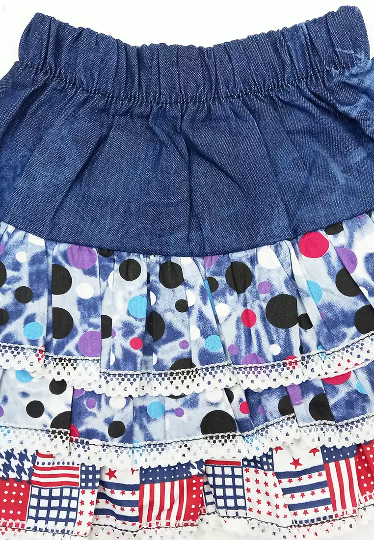 Wakakids Rok Jeans Anak Perempuan Mini Denim Tutu Ruffle Mix Motif Abstrak 050 Venrc