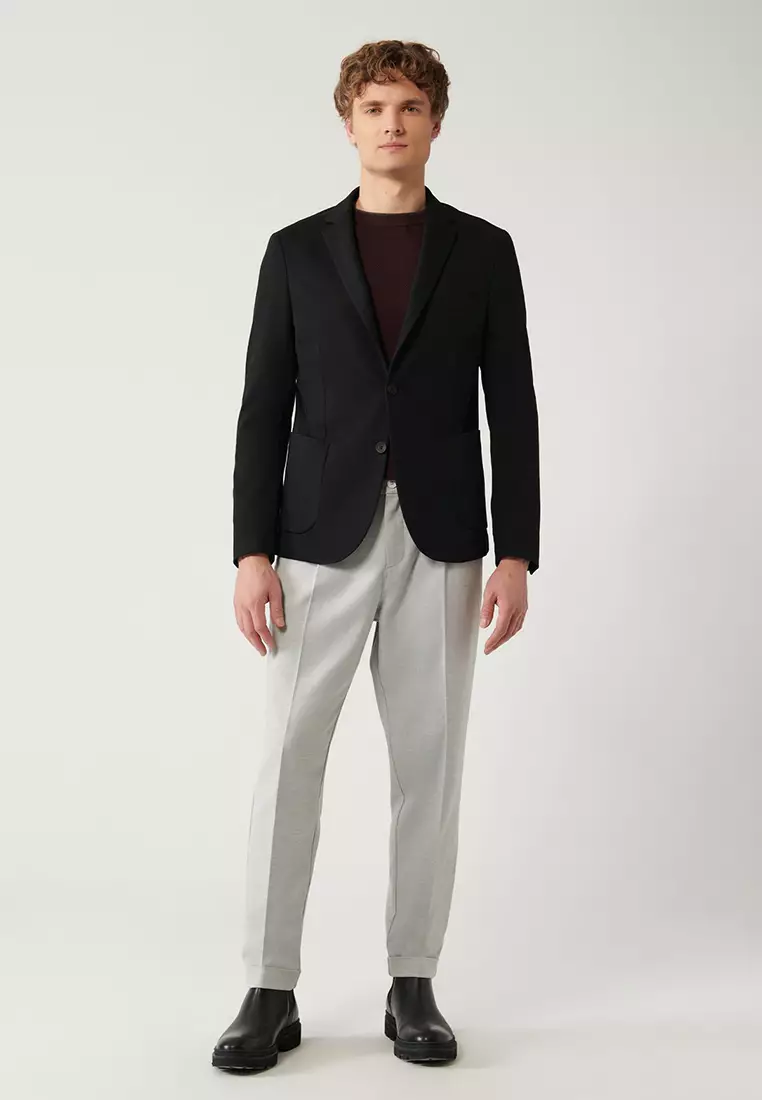 Men's Black Mono Collar Double Slit Unlined Knitted Jacket B004001