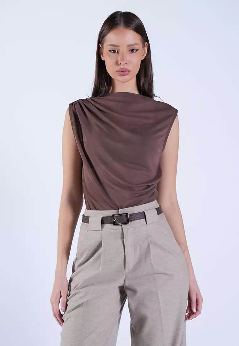 High Collar Shoulder Draped Transparent Blouse