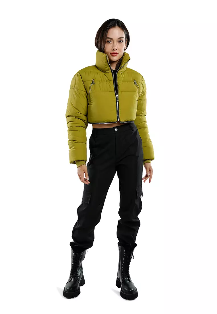 Dark Olive Cropped Detachable Turtleneck Puffer Jacket
