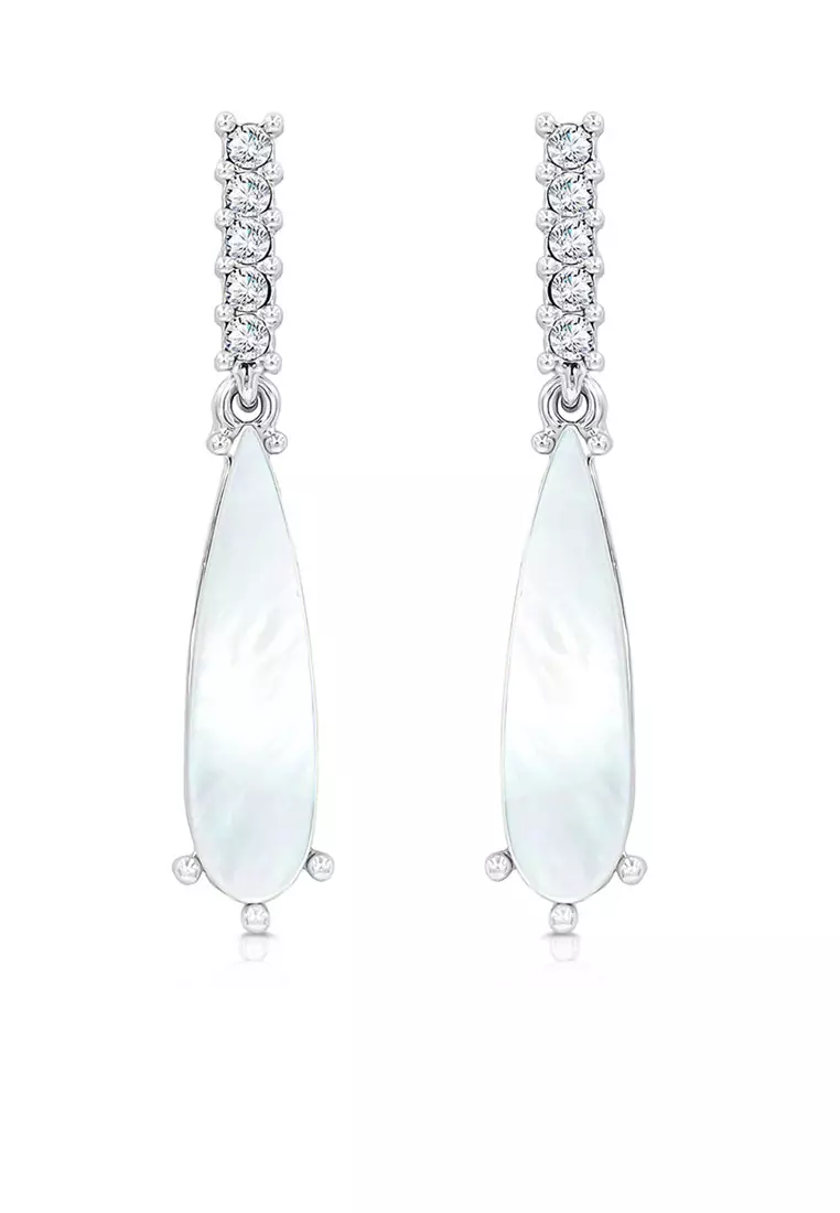 SO SEOUL Claire Mother of Pearl Shell Long Teardrop Stud Earrings with Fixed Chain Necklace Gift Set