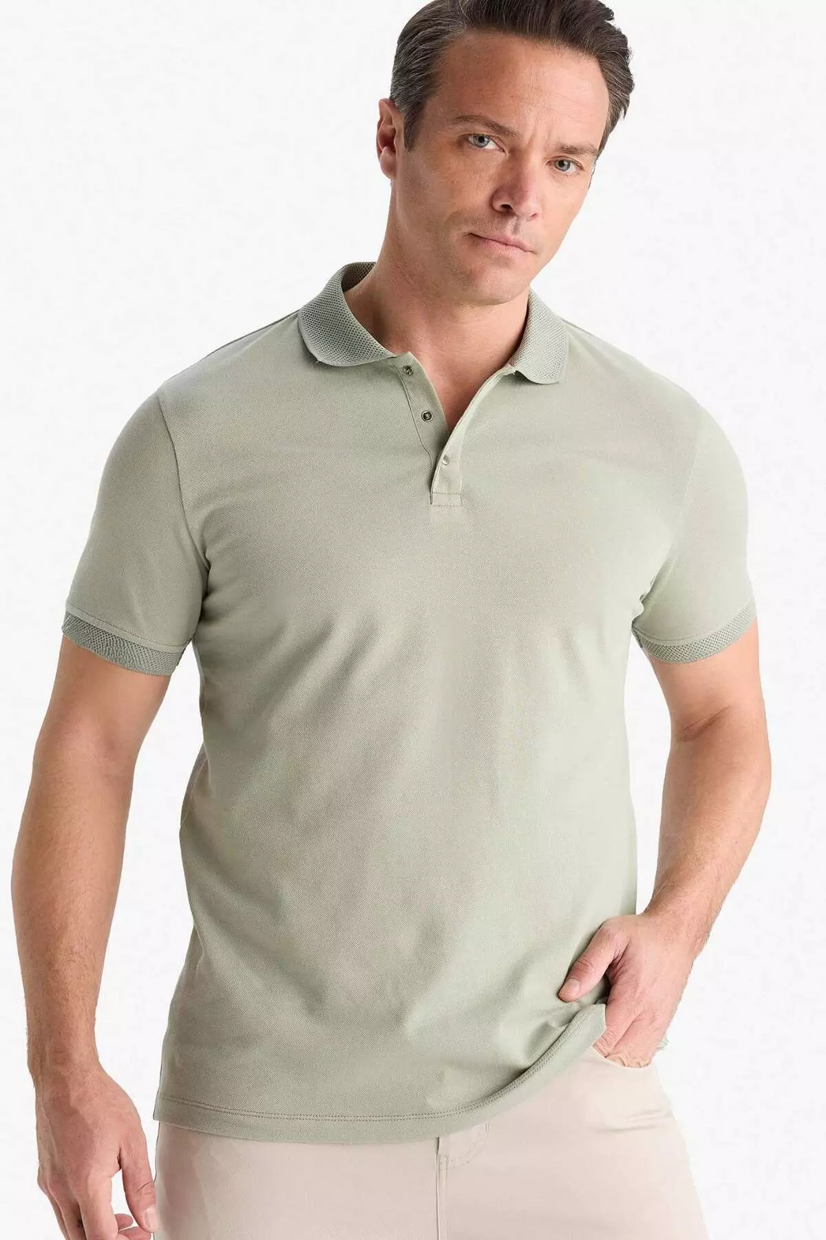 Slim Fit Slim Fit Polo Neck Short Sleeve Textured Basic Solid T-Shirt T5259Az25Sm