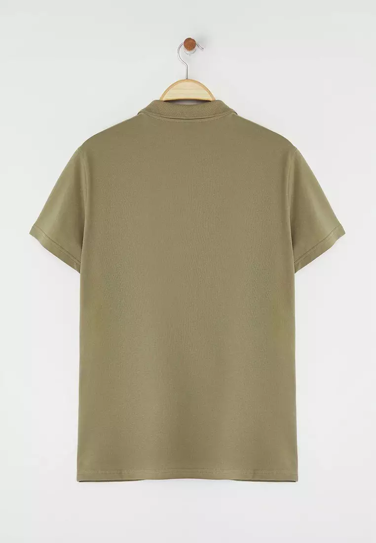 Khaki Regular/Normal Cut Zippered 100% Cotton Polo Neck T-Shirt