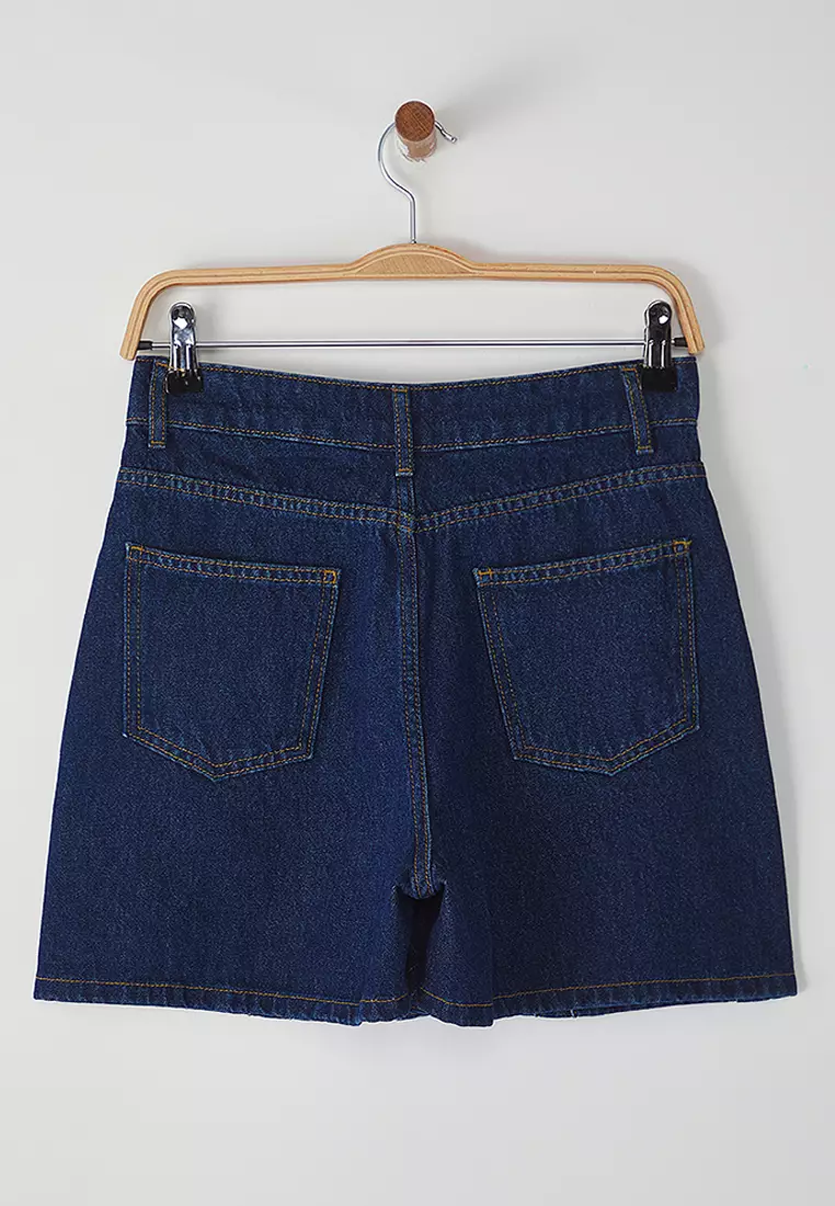 Dark Blue Button Detailed Denim Shorts Skirt