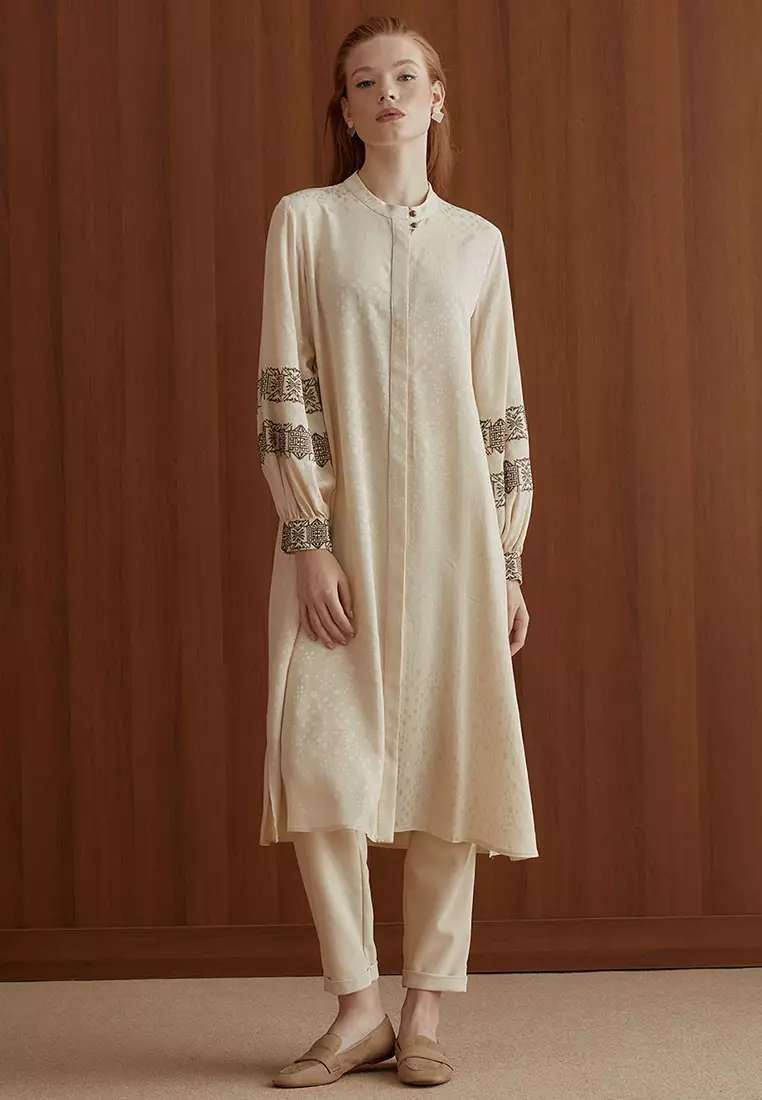 Long Tunic Cream Embroidered Sleeves