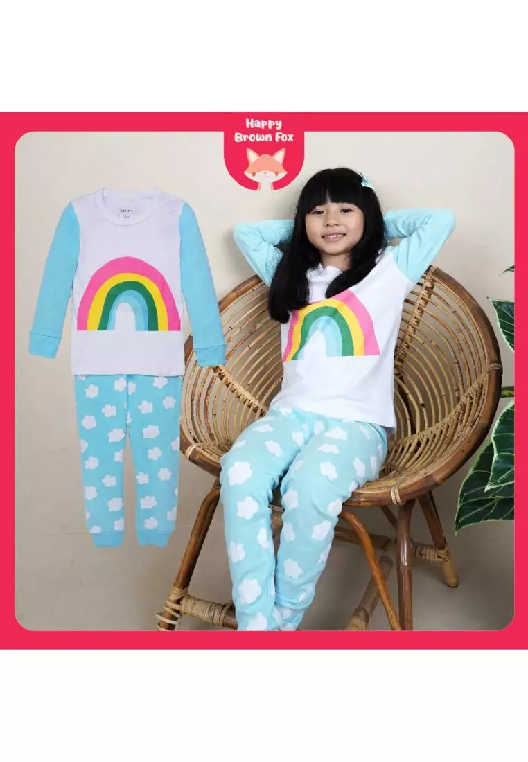 BAJU TIDUR PIYAMA ANAK SETELAN ANAK PEREMPUAN LENGAN PANJANG - raglan rainbow clouds