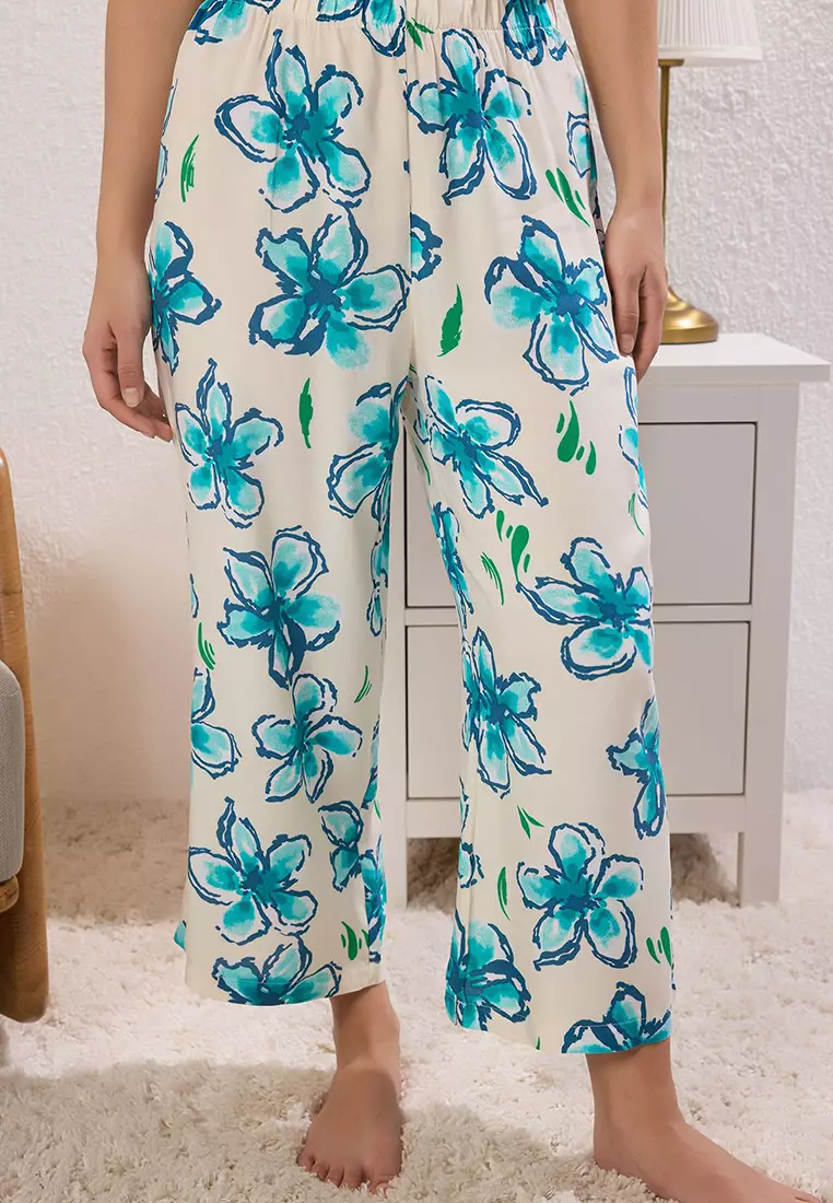 Ecru Floral Top 100% Cotton Bottom Woven Capri Knitted Pajama Set Thmss25Pt00366