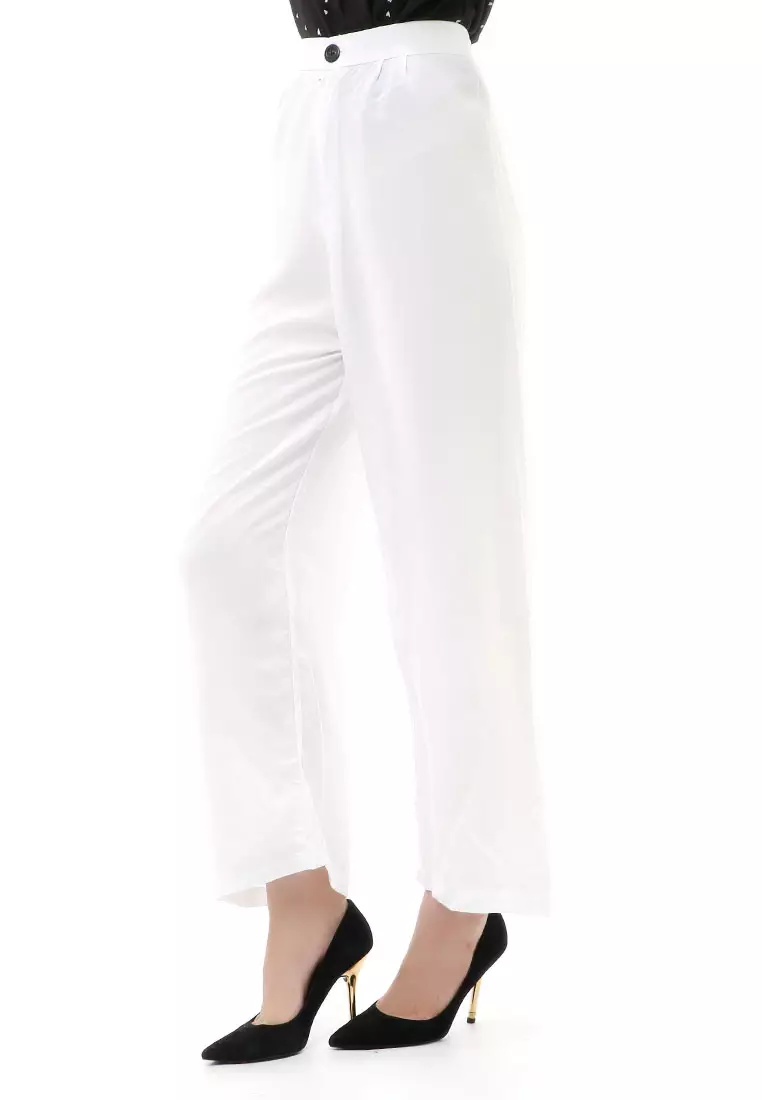 Jourel Celana Panjang Kasual Kulot Highwaist Wanita Style Kancing Resleting Material Rayon ORIGINAL - White