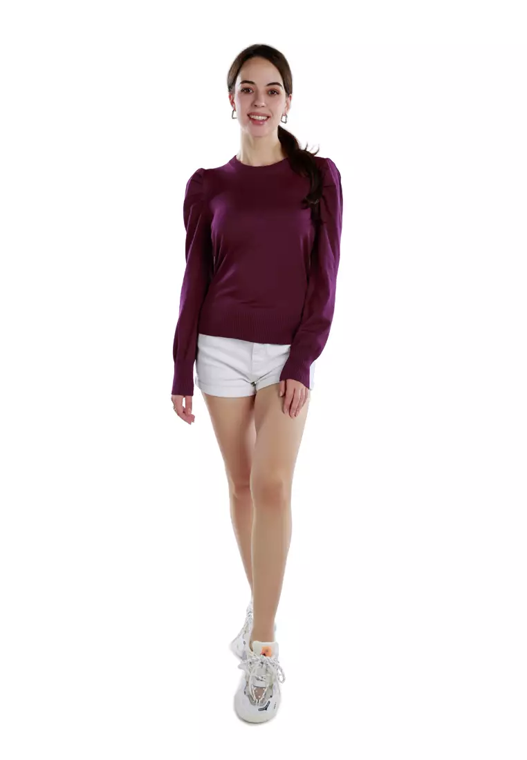 紫紅色泡泡袖毛衣