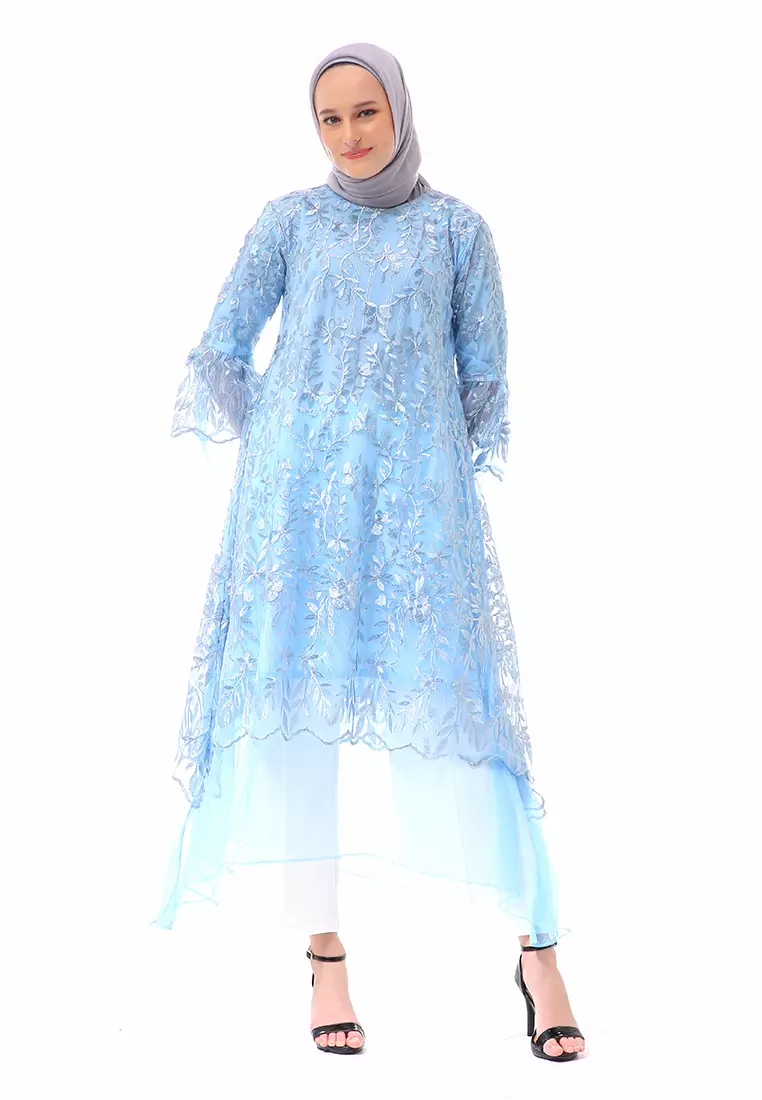 Aliyah Long Dress Motif Bunga High Quality Premium - Baby Blue