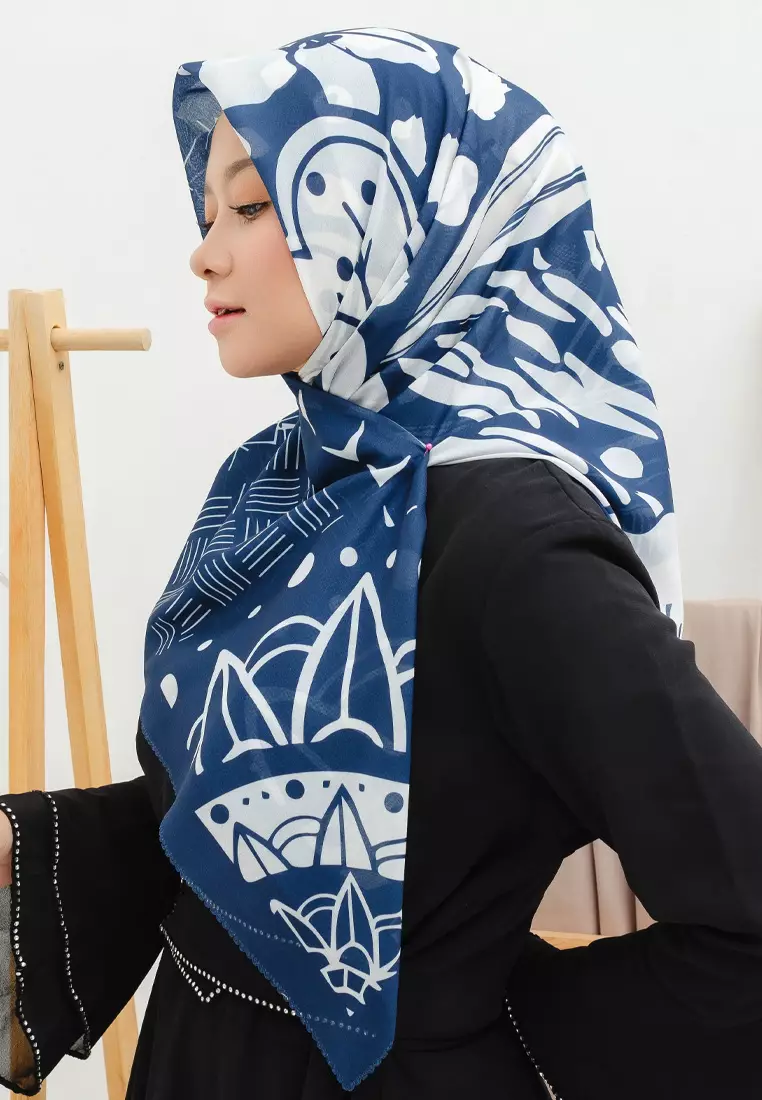 Malaya Signature Square Voile Scarf Hijab Segi Empat Blue on White