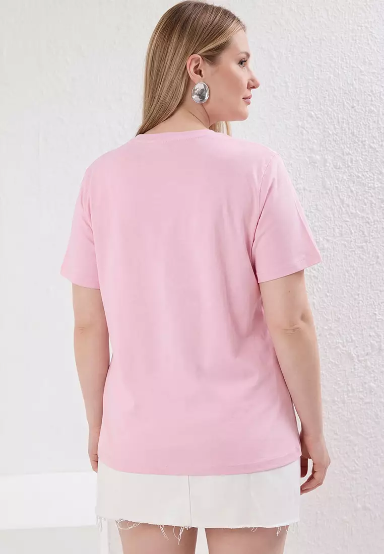 Pink Stone Collar Relaxed Fit 100% Cotton Knitted Plus Size T-Shirt Tbbss25Bf00021