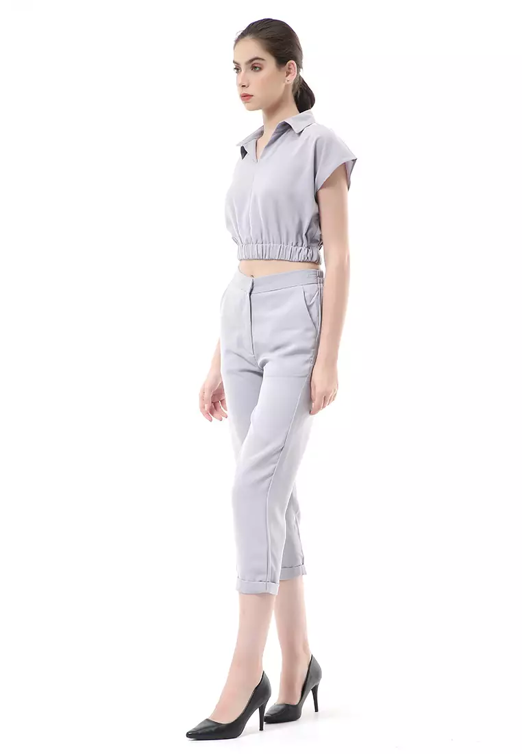 Nayra One Set Setelan Atasan Crop Karet Lengan Pendek Basic Pants Wanita Material Dolce ORIGINAL - Gray