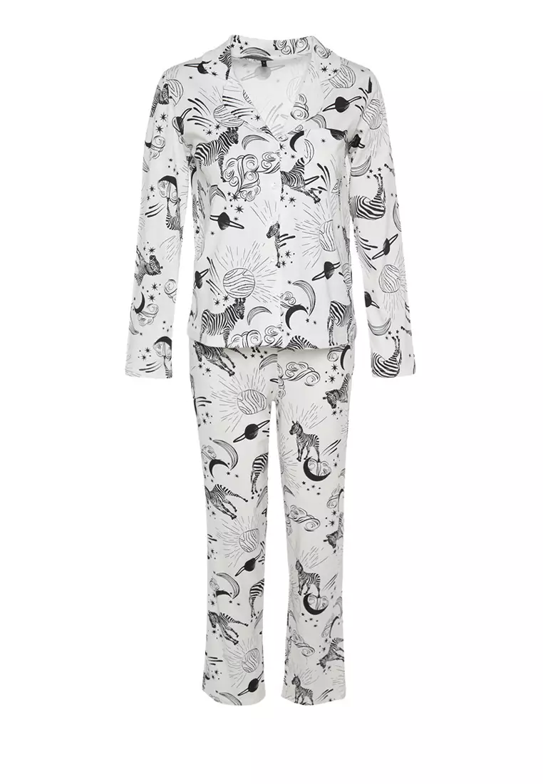 White 100% Cotton Patterned Shirt-Pants Knitted Pajama Set THMAW24PT00002