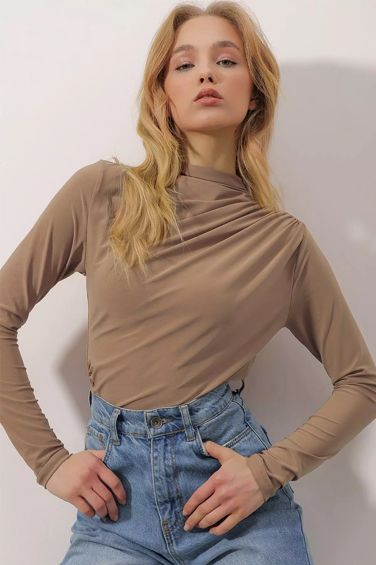 Women's Milk Brown High Neck Draped Shoulder Sandy Crop Blouse