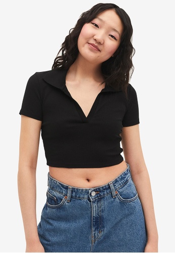 Monki black Cropped Ribbed Polo Top B0813AA0659420GS_1