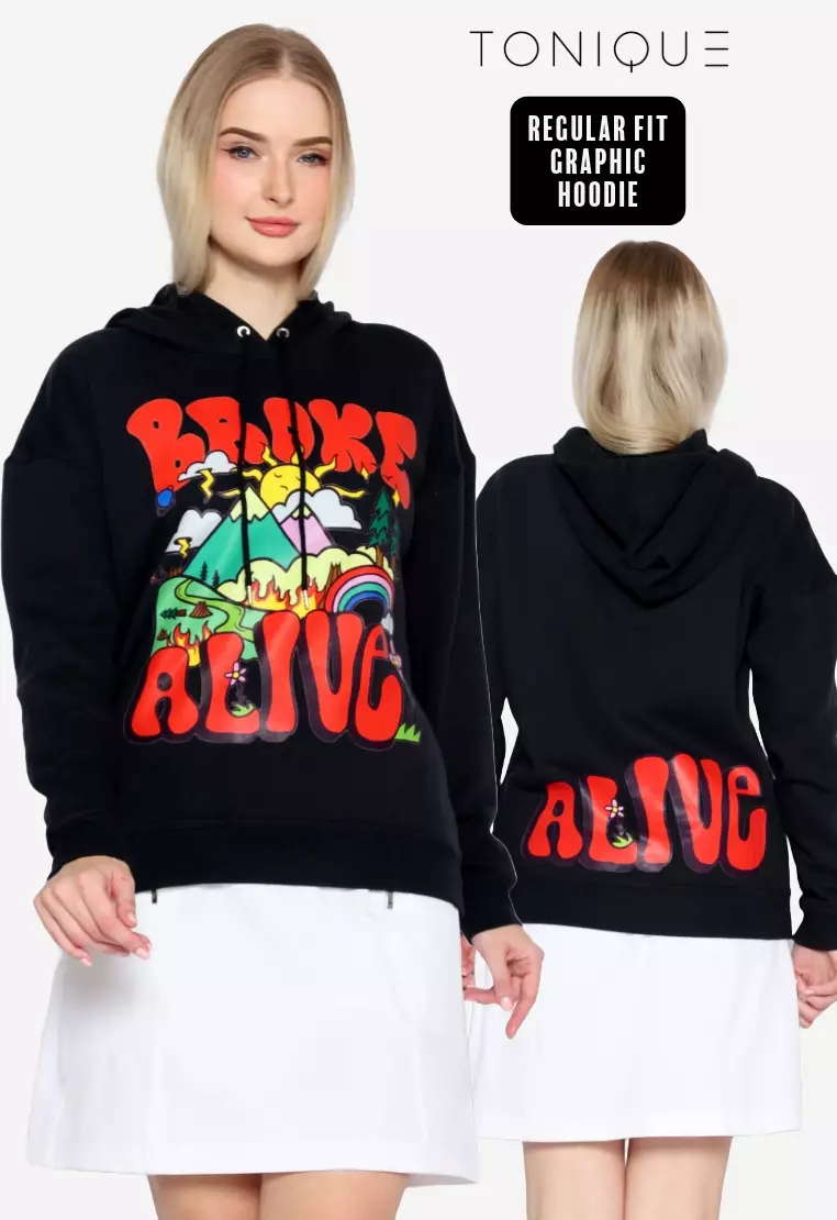 TONIQUE Hoodie Katun Wanita Hitam LEAH Women's Regular Fit Graphic Cotton Hoodie Black