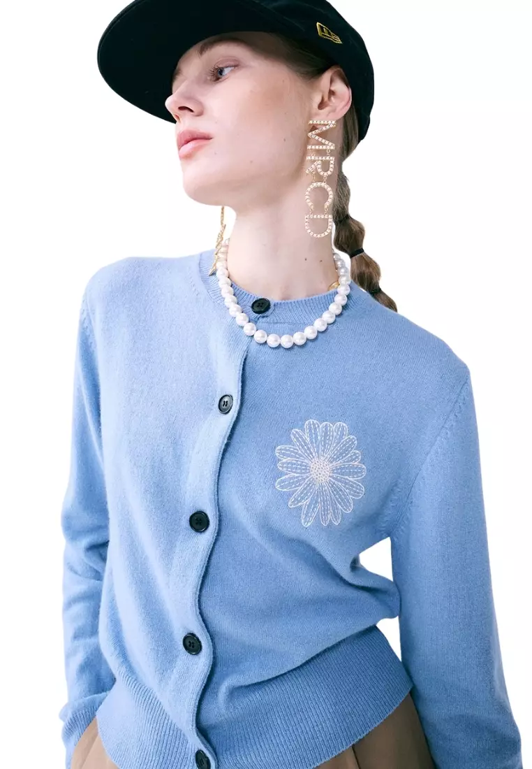 Cashmere Blended Cardigan Round Neck - Sky Ivory