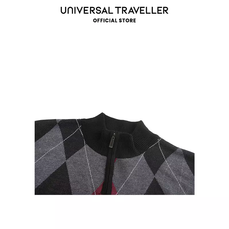 UNIVERSAL TRAVELLER HENLEY MOCK NECK ARGYLE PATTERN KNITTED SWEATER KS23029