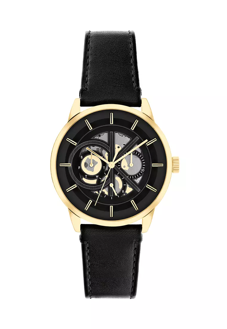 Calvin klein black leather analogue 2025 watch