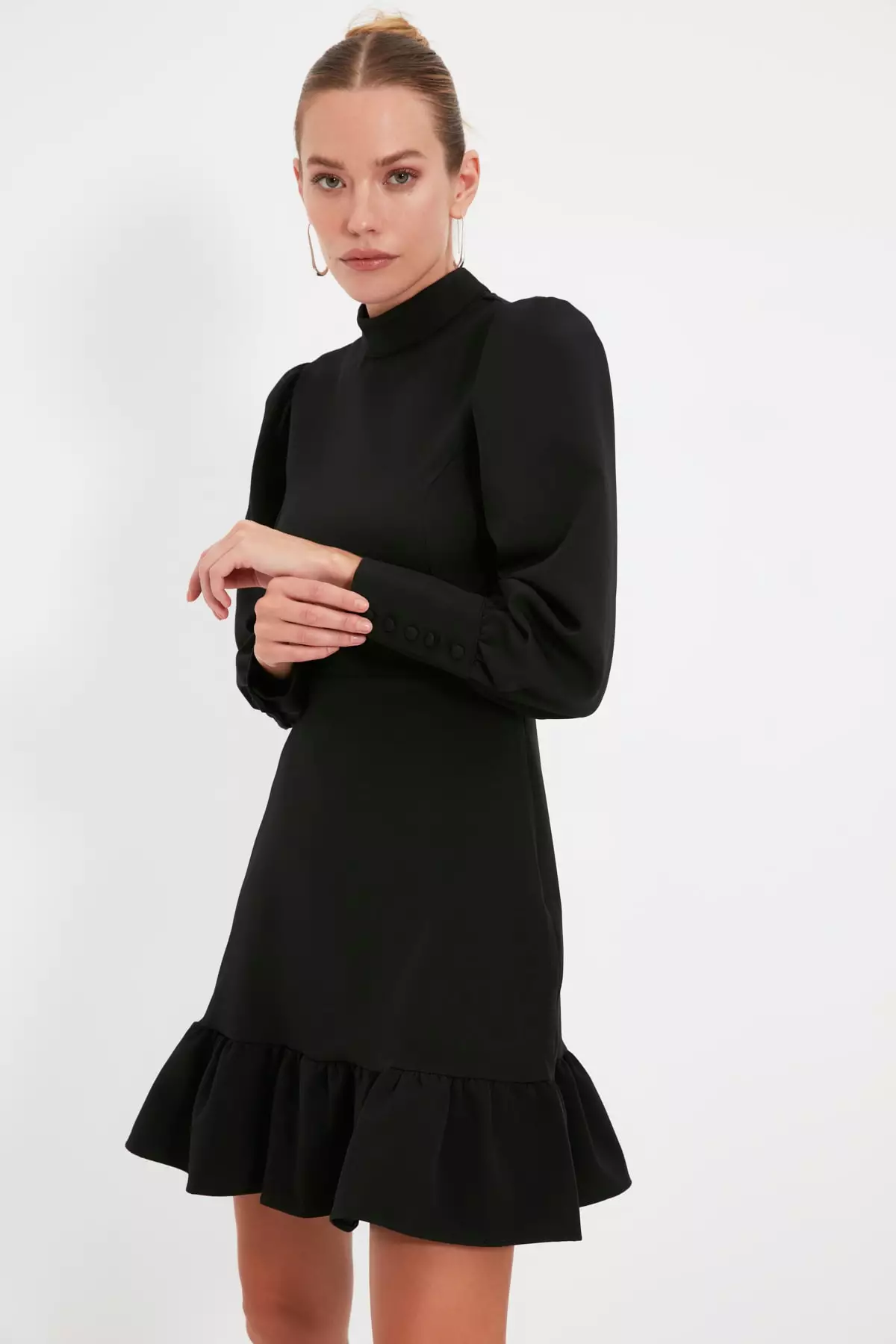 High Neck Puffed Sleeve Ruffled Dress