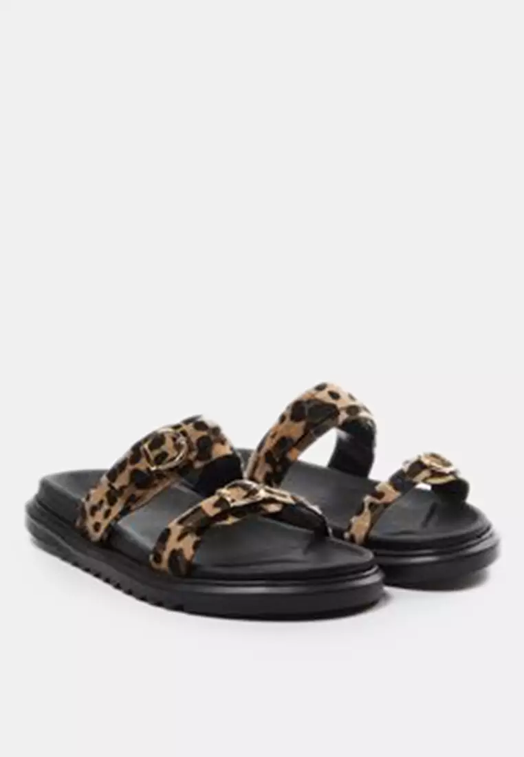 Leopard Double Buckle Brown Thick Sole Women's Slippers Takaw25Te00009