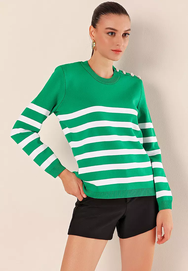 Button Detail Striped Sweater Green