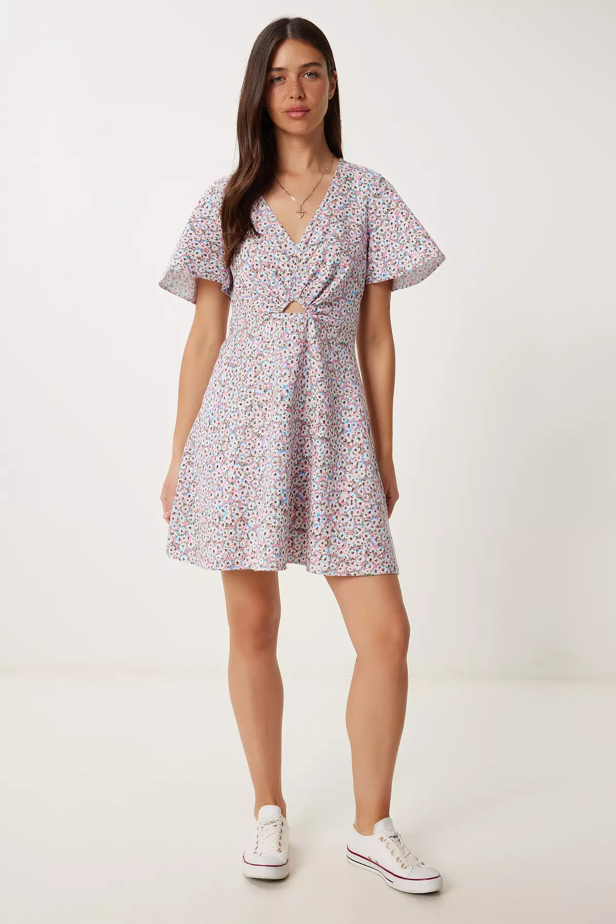 Women's Pink Floral Summer Mini Linen Dress Fk00034