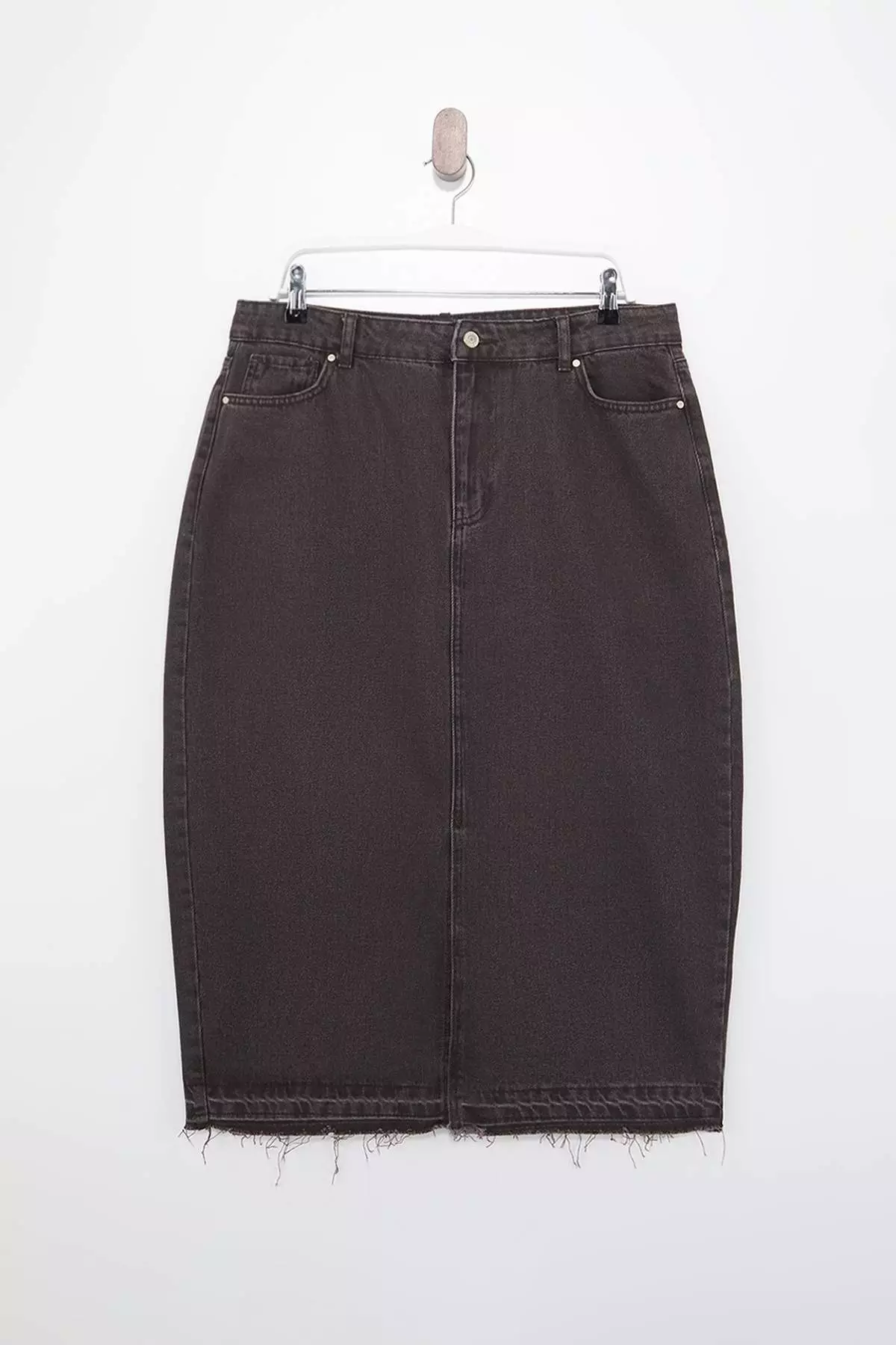 Brown Front Slit Midi Length %100 Cotton Non-Stretch Large Size Denim Skirt Tbbss23Az00054