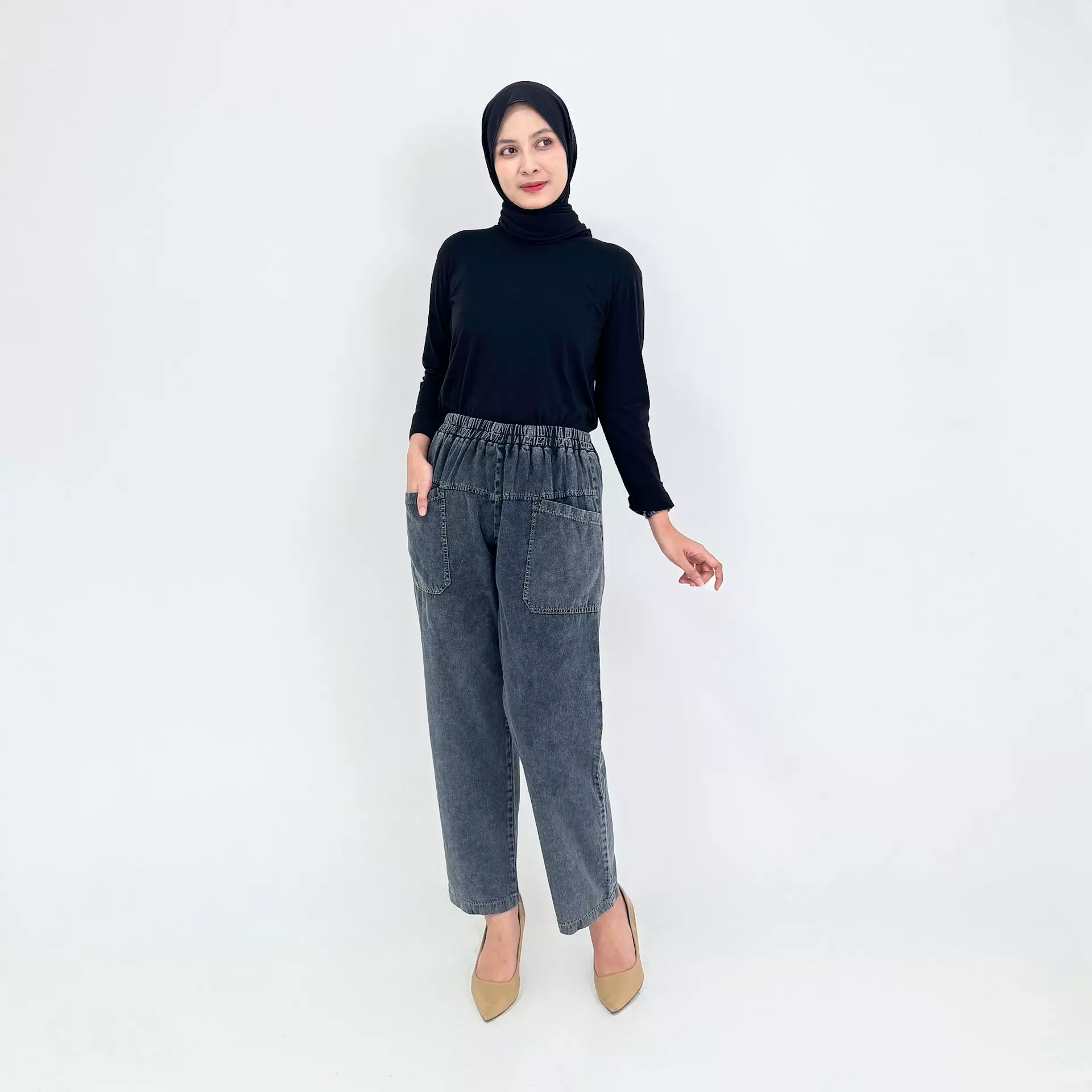 Ina Baggy Denim Pants SNOW BLACK Celana Panjang Soft Jeans Wanita 
