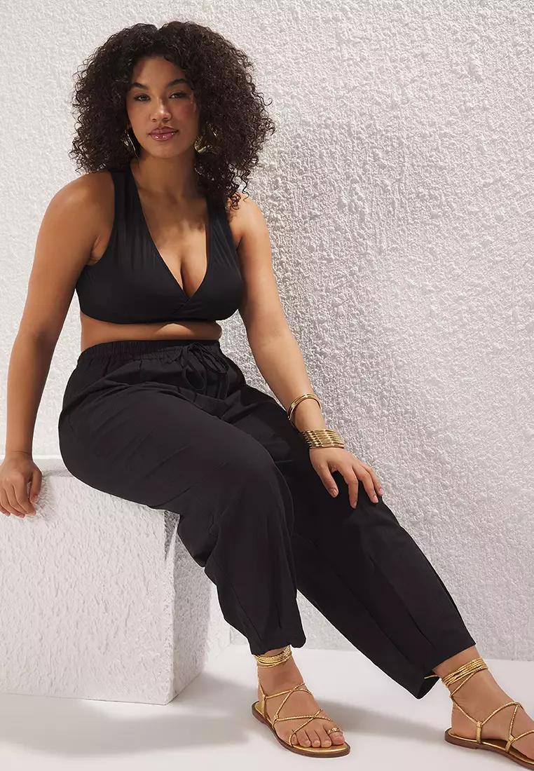 Black Pleated High Waist Carrot/Shalwar Beach Wear Plus Size Trousers Tbbss25Ar00001