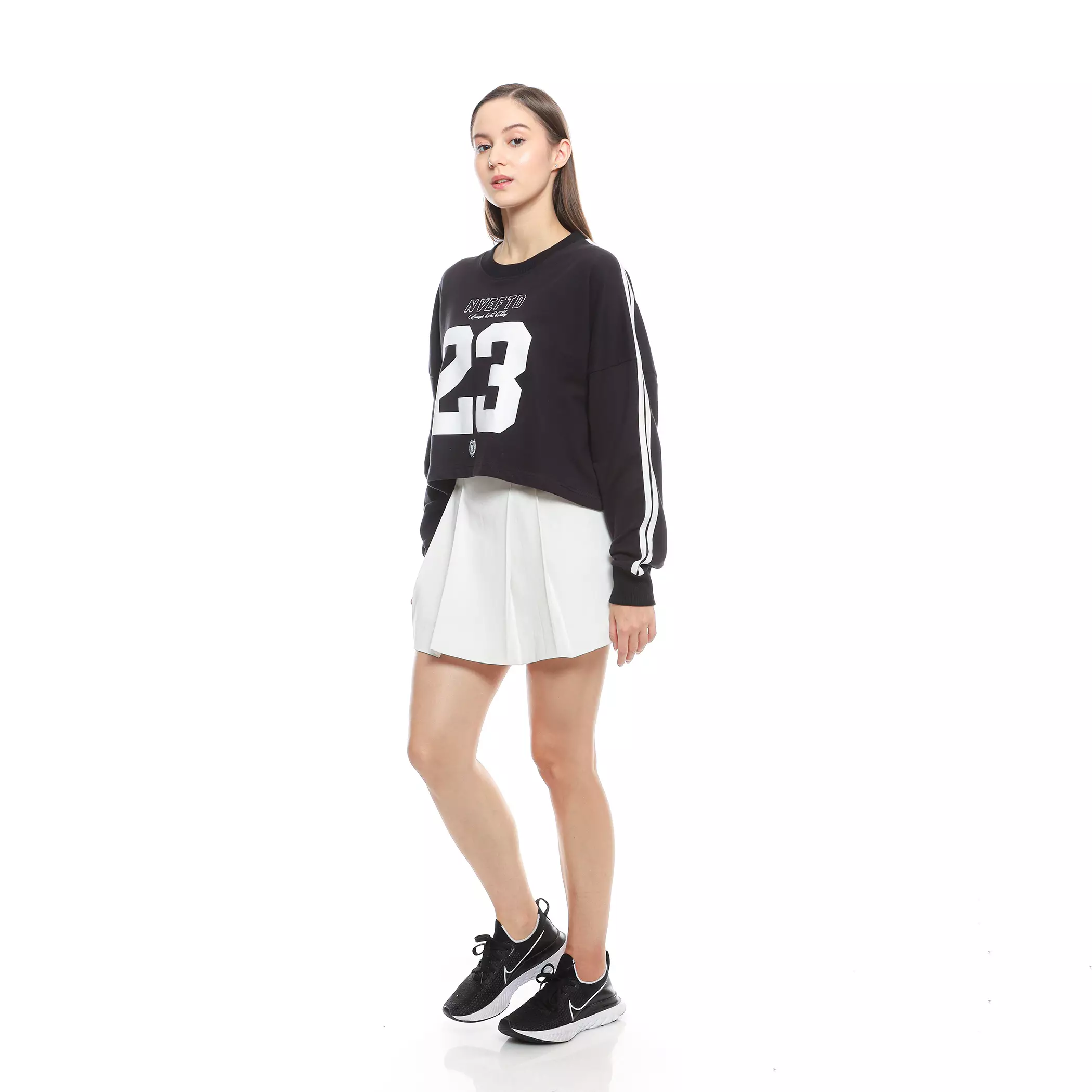 Enough For Today - Sweater Crewneck Crop Oversize Wanita Hitam Variasi Garis Tangan Putih Classic 23