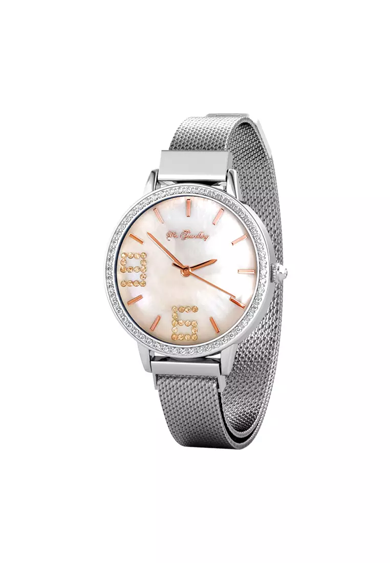 Her Jewellery Stylish Crystal Shell Dial Watch (White Gold, White) - Luxury Crystal Embellishments plated with 18K Gold