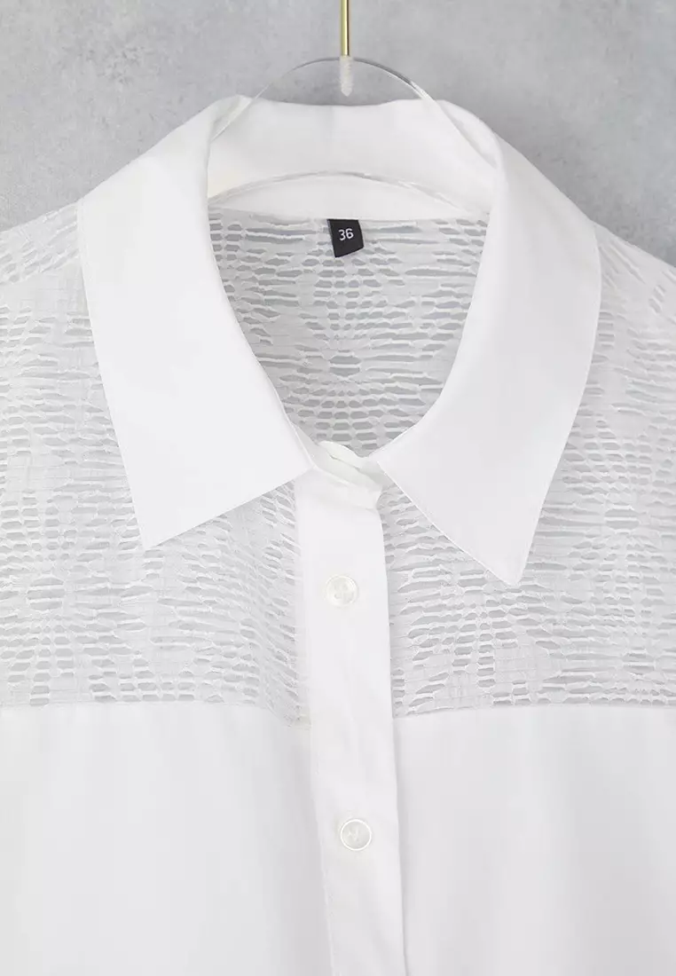 White See-Through Detailed Short Sleeve Crop Shirt Twoss25Go00170