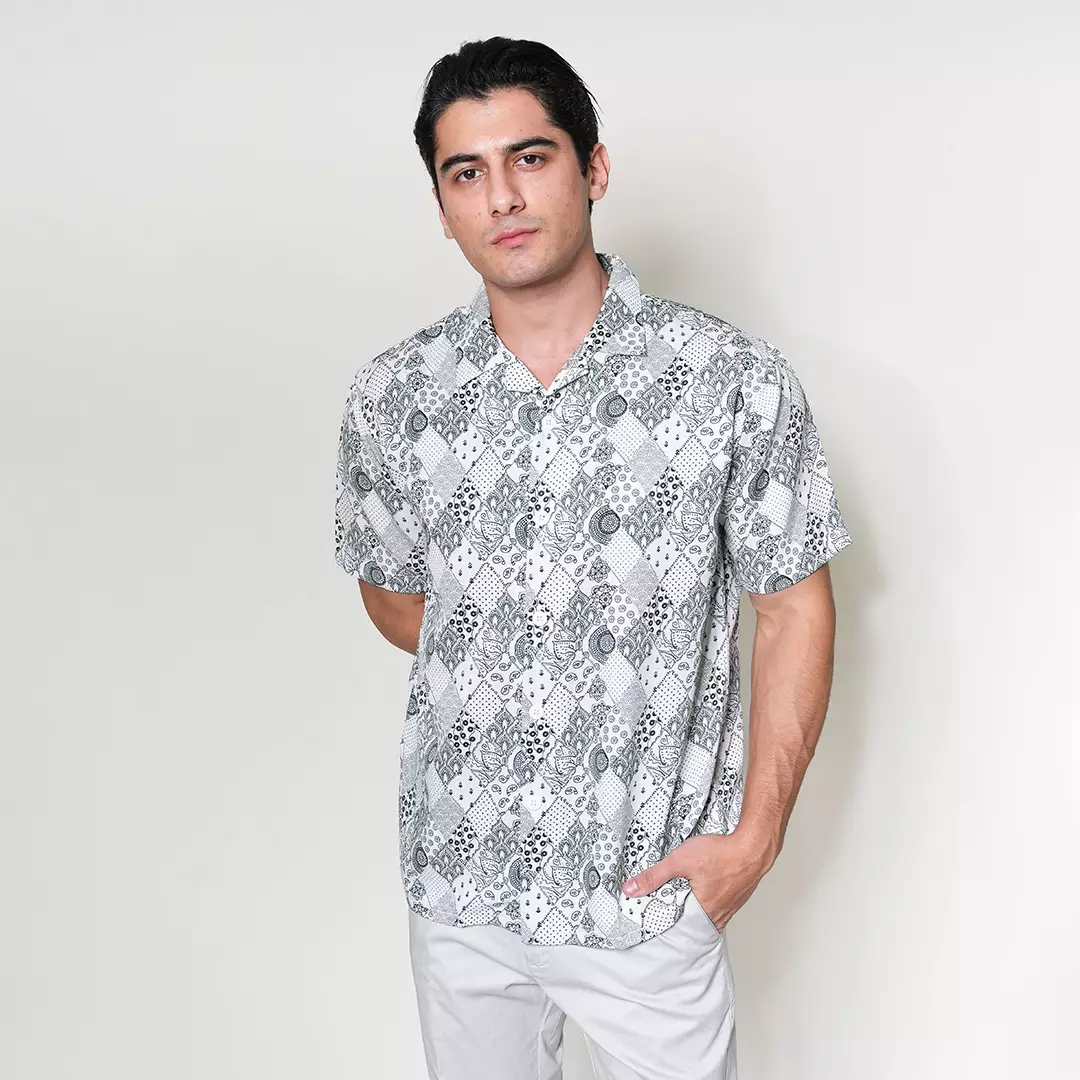 Casella Kemeja Lengan Pendek Kerah Terbuka | Cuban Camp Bowling Collar Xantif Edition 2360 White Green