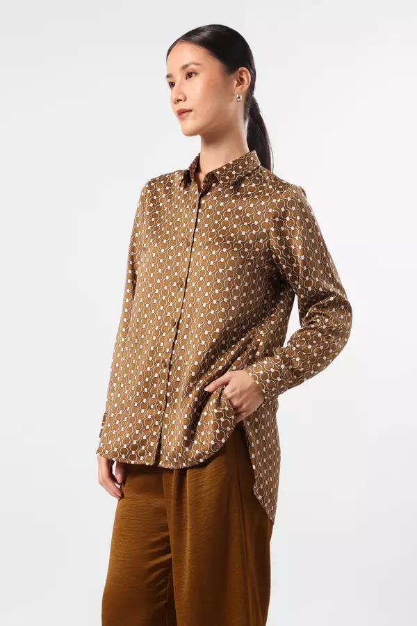 MINIMAL - Celeste - Printed Satin Shirt - Olive Colour Olive