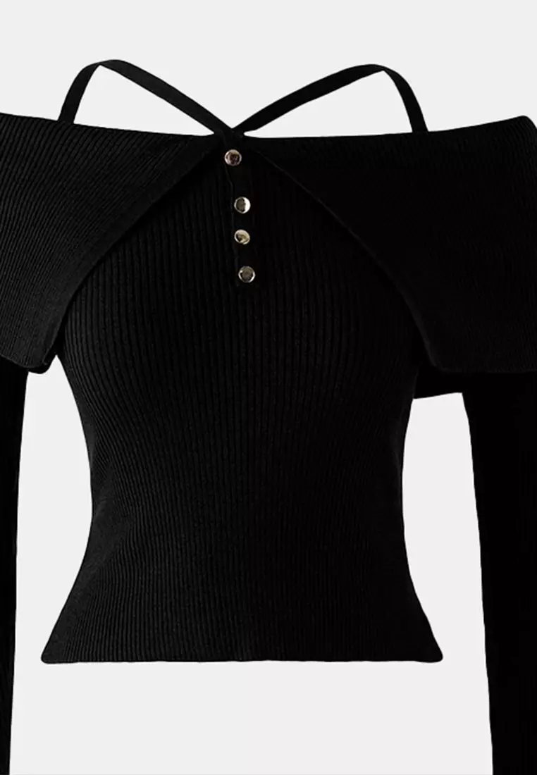 Black Premium Yarn/Special Yarn Carmen Neck Strap Knitwear Sweater