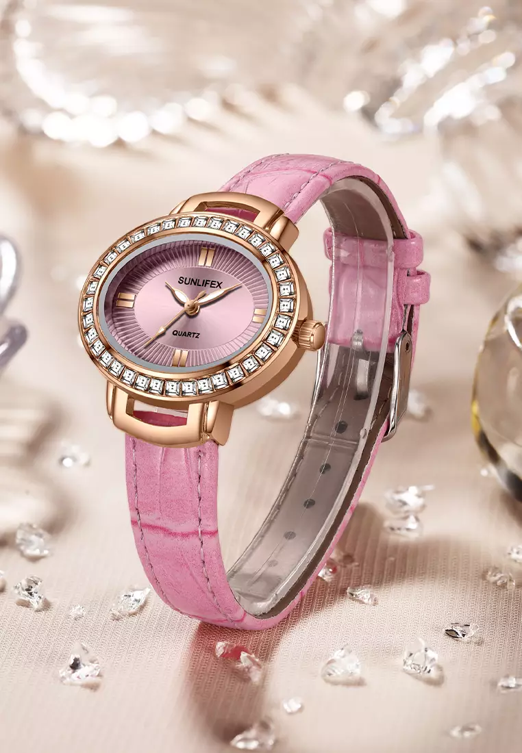 Jam Tangan Wanita Original Korea Kuarsa Antik Tali Kulit Kasual Oval Jam Tangan Cewek E052 pink