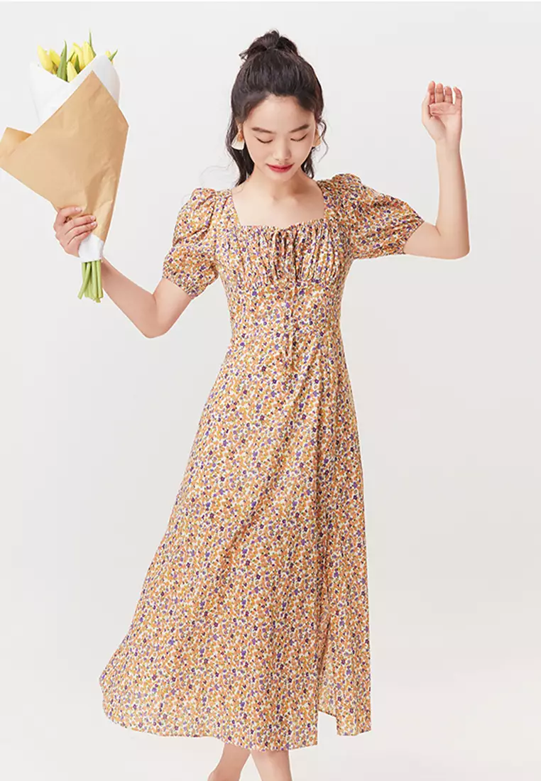 Floral Chiffon Round Neck Long Dress