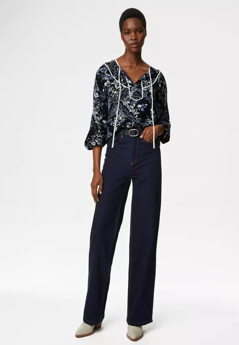 Cotton Blend Printed V-Neck Blouse